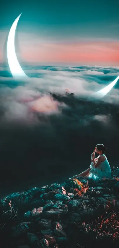 Woman sitting on mountain under crescent moon and dreamlike sky.