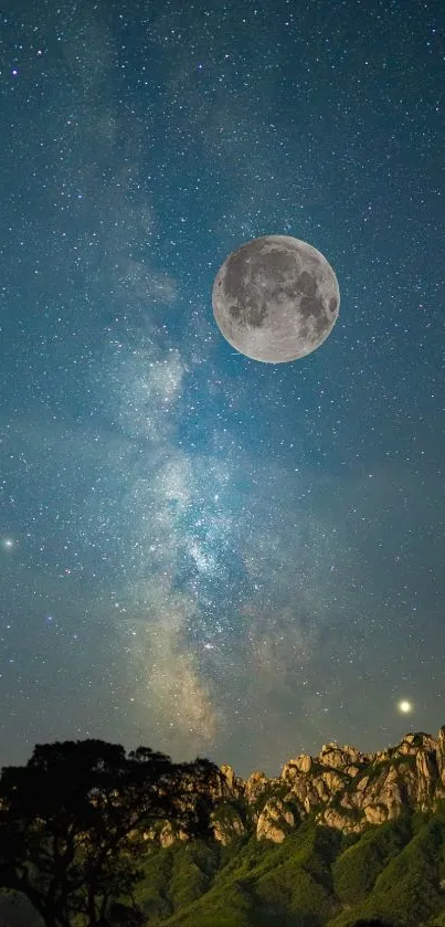 Moonlit night sky over mountain landscape with visible stars.