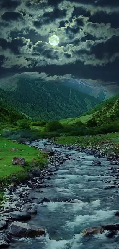 Moonlit landscape with a flowing stream and green hills.