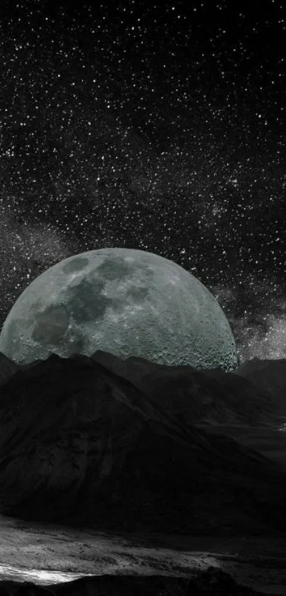 Moonlit mountain landscape wallpaper with starry night sky.