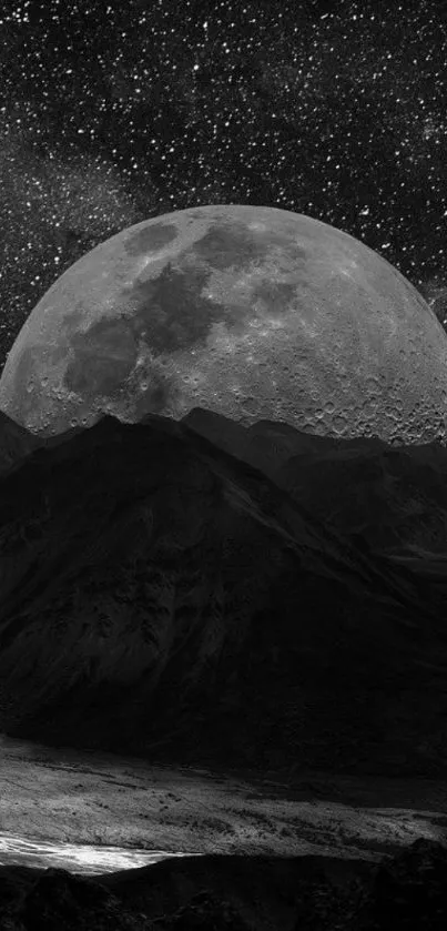 Mobile wallpaper of a moonlit mountain under a star-filled sky.