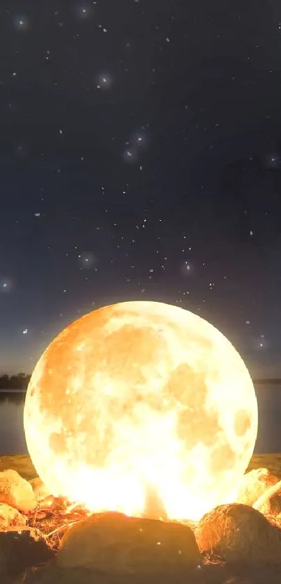 Magical moon resembling a campfire by a lake under a starlit sky.