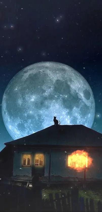 Cat sitting on a rooftop under a full moon night sky.