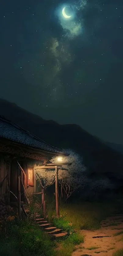 Moonlit cottage in serene night landscape with starry sky.