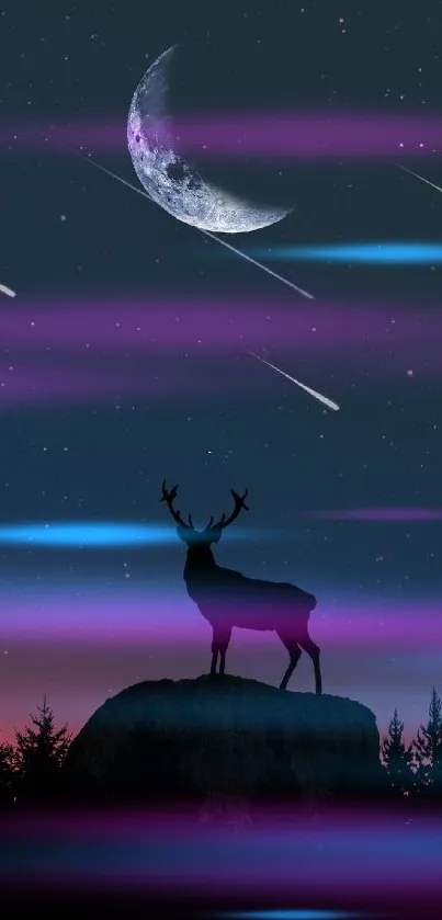 Silhouette of deer under crescent moon and stars in a dark blue night sky.