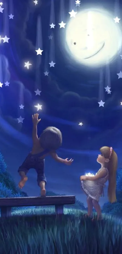 Children reaching for stars under a big moon in a fantasy night scene.