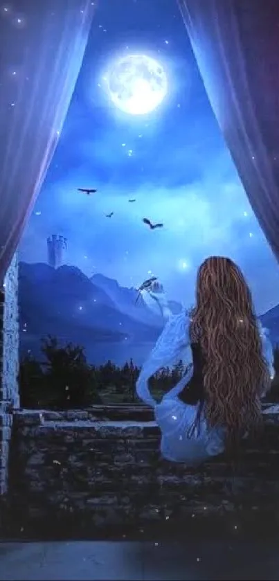 Woman gazing at moonlit sky from window in a fantasy landscape.