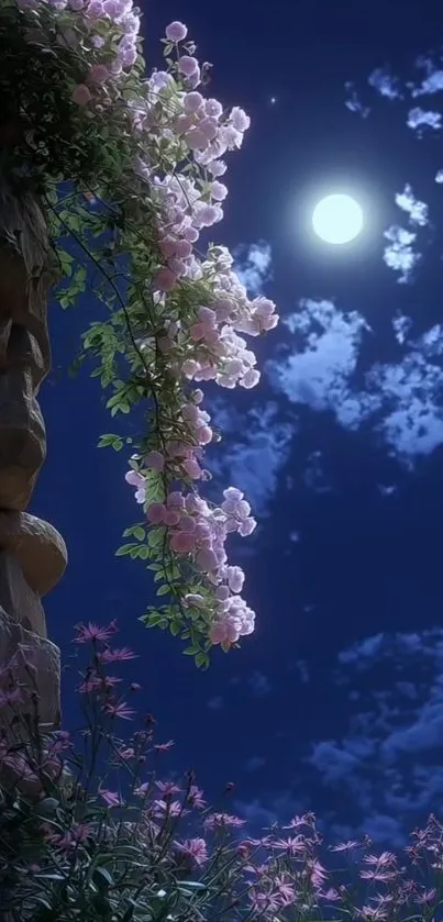 Moonlit flowers against a serene night sky.