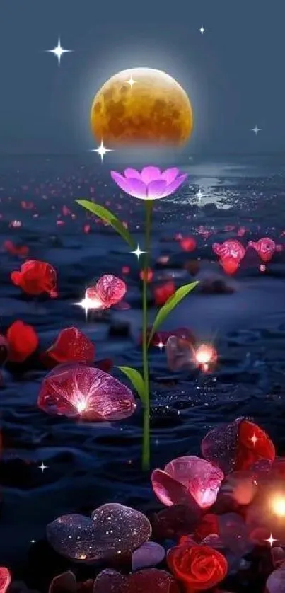 Purple flower glows under moonlight with red petals on a dark blue background.