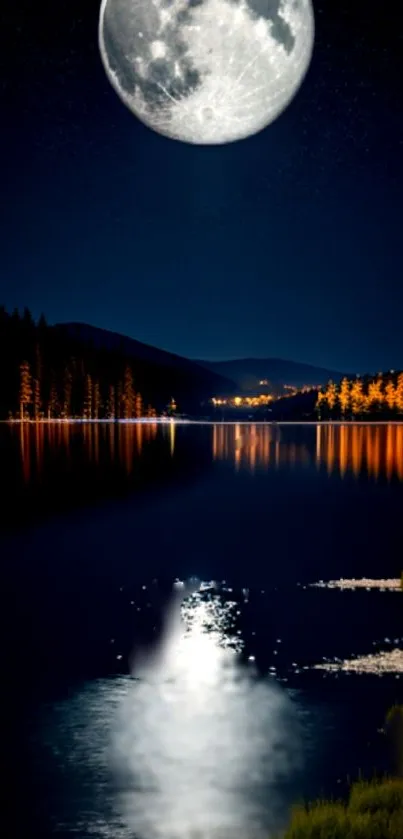 Moonlit lake wallpaper with glowing full moon reflection.