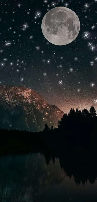 Moonlit mountain night scene with stars.