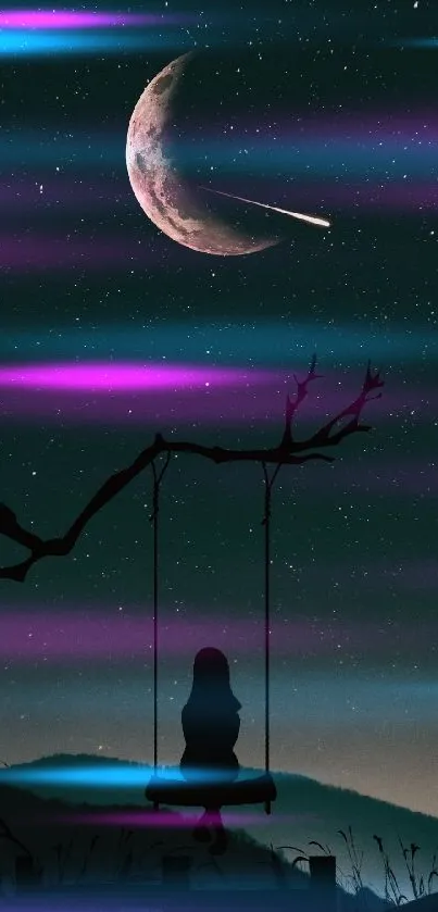 Silhouette on a swing with a crescent moon and stars in the night sky.