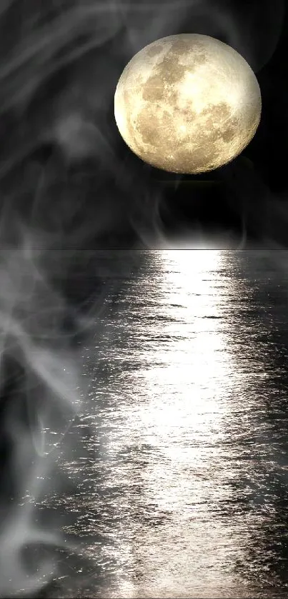 Full moon reflecting over calm, dark ocean.