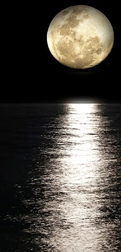 Full moon reflecting on a calm water surface at night.