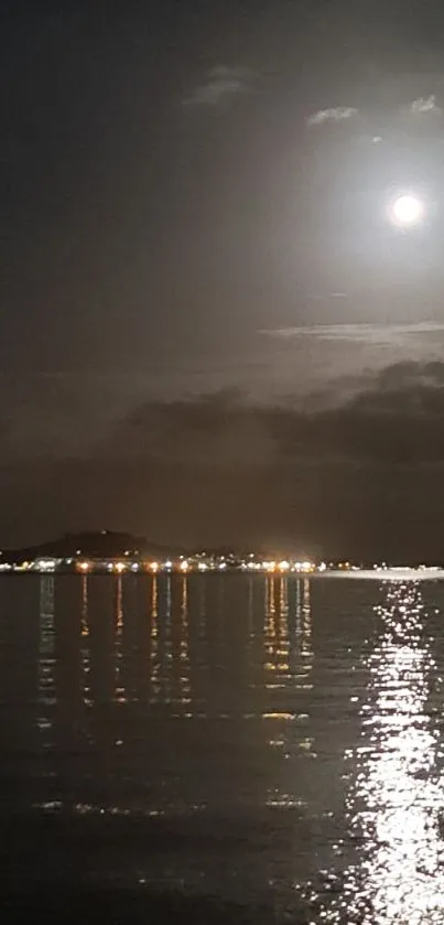 Moonlit night over tranquil water with reflections of light.