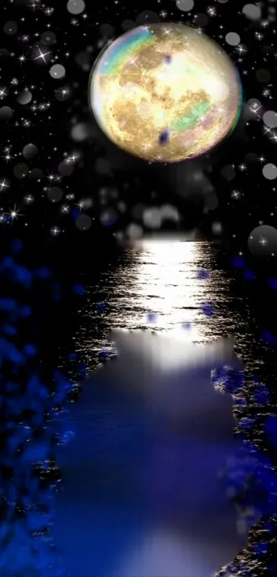 Moonlit night wallpaper with luminous reflection on water.