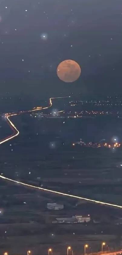 Moonlit road under a full moon with city lights in a serene nightscape.