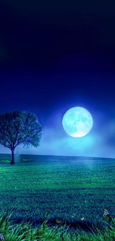 Serene landscape with a glowing moonlit night sky and a lone tree.