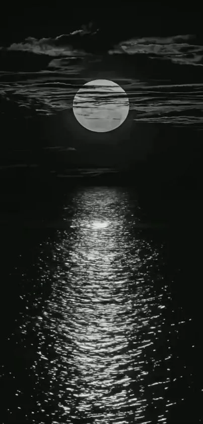 Moonlit night over ocean with shimmering reflection.