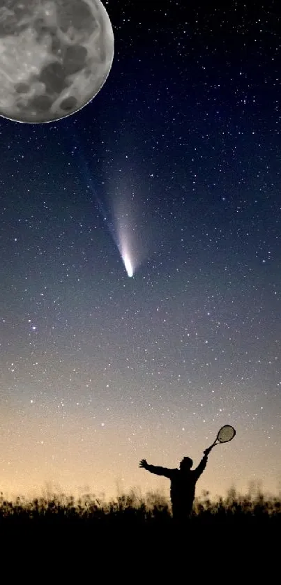 Silhouette under a starry sky with moon and comet.