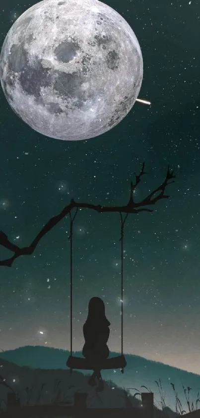 Silhouette on swing under full moon in a tranquil night sky.