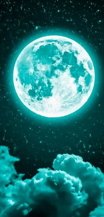 Luminous full moon in teal night sky with starry backdrop and fluffy clouds.