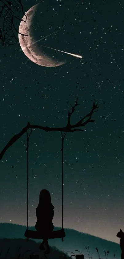 Silhouette of girl on swing with crescent moon and stars in the night sky.