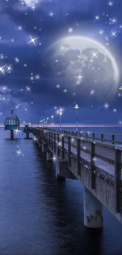 A moonlit pier extends into the ocean under a starry night sky.