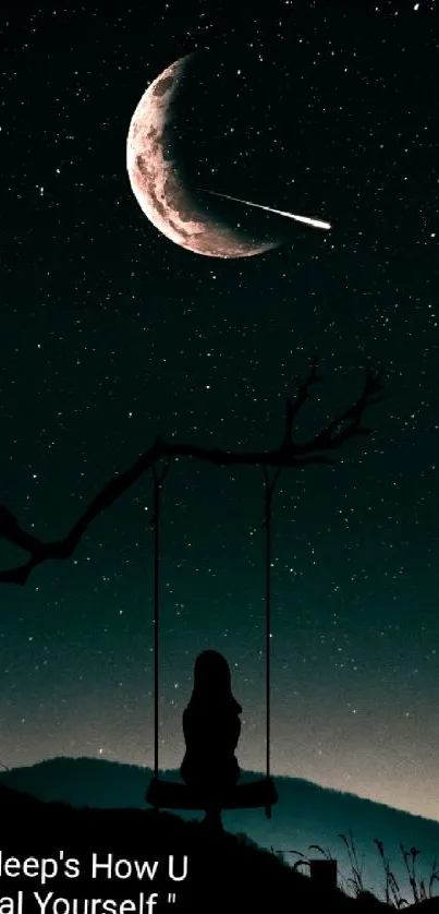 A serene night sky with moon and silhouette swing.