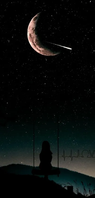 Silhouette with moon and stars on a serene night sky wallpaper.