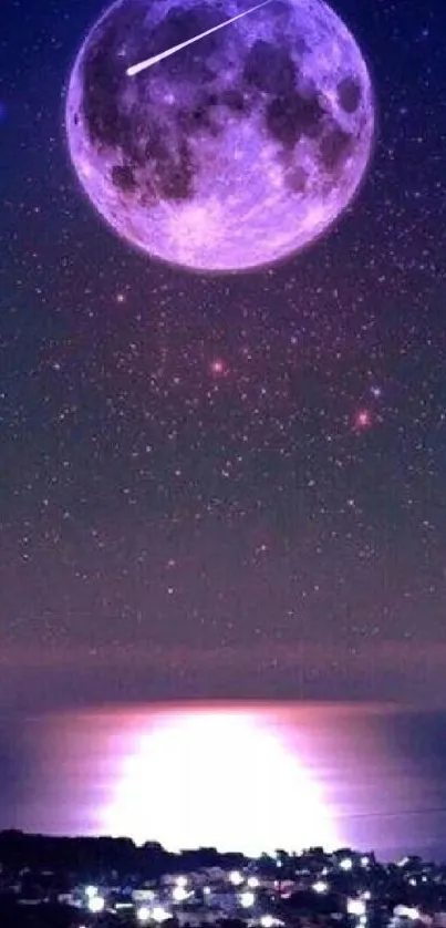 Moonlit sky with city lights and stars in a mobile wallpaper.