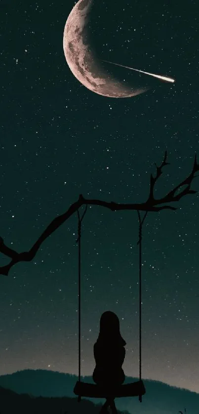 Silhouette on swing under moonlit sky with shooting star.