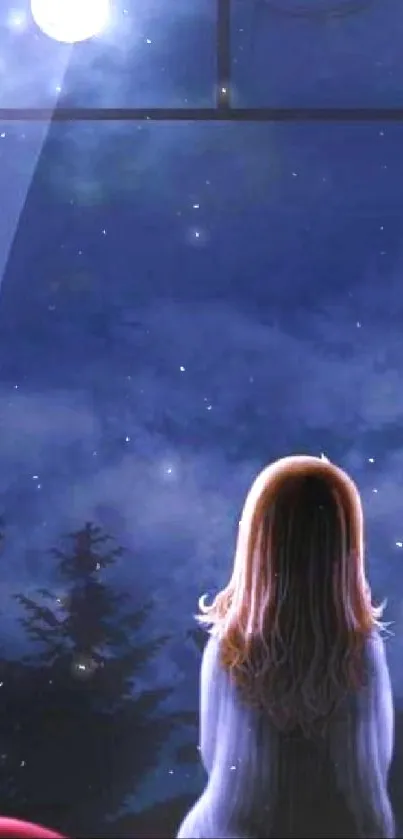 Woman gazing at moonlit night sky through a window, surrounded by trees.