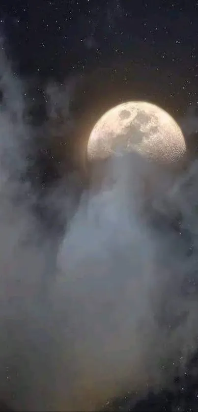 A full moon in a starry night sky with mystical clouds.