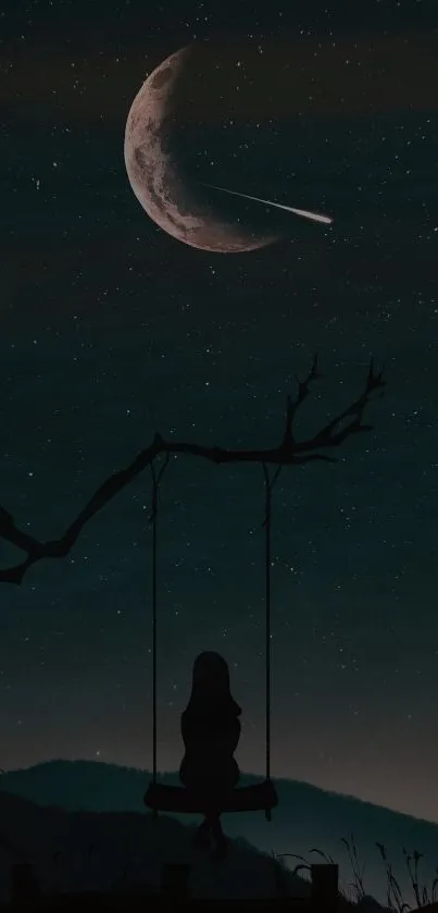 Silhouette on swing with moon and shooting star in night sky.