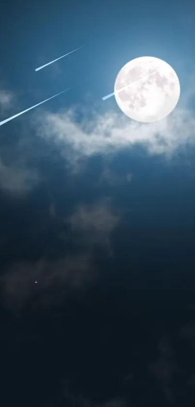 Full moon and shooting stars over a dark blue night sky with clouds.