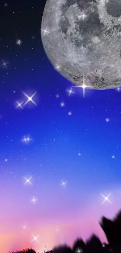 A vibrant night sky wallpaper with a glowing moon and sparkling stars.