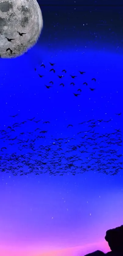 Moonlit night sky with birds and gradient colors wallpaper.