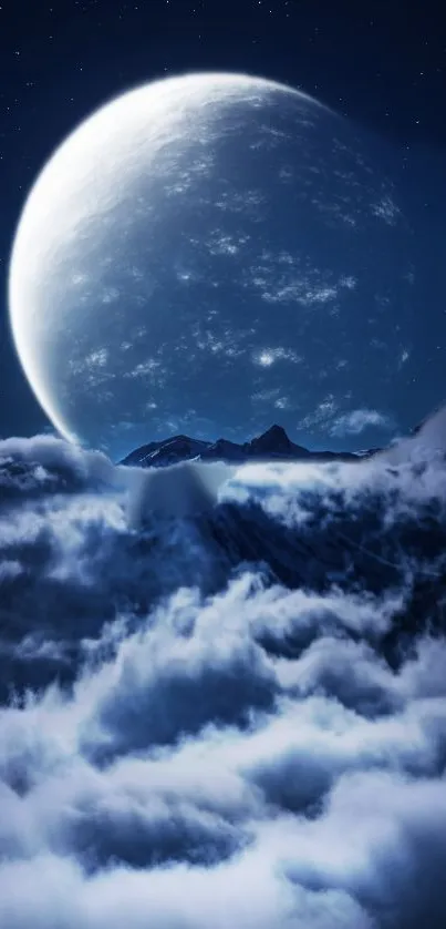 Moonlit night sky with clouds and large moon.