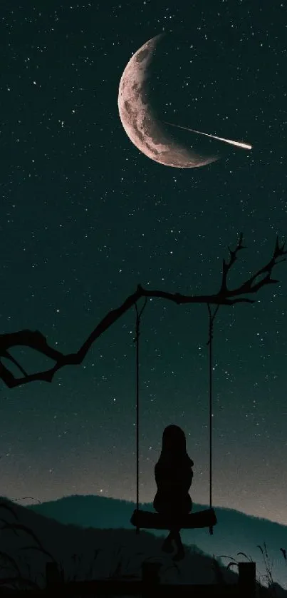 Silhouetted girl on swing under moonlit starry sky.