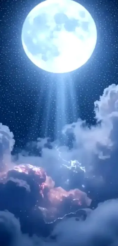 Moonlit night sky with glowing clouds and stars.