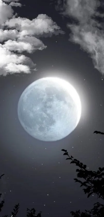 Glowing moon amidst dark sky and clouds, perfect for a serene wallpaper.