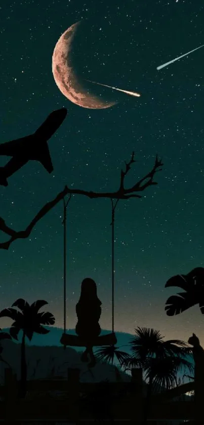 Silhouette on swing under moonlit sky with airplane.