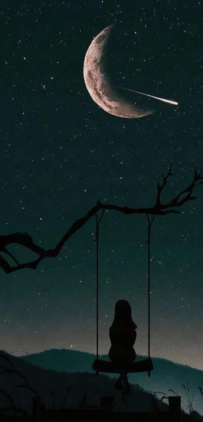 Silhouette of a girl swinging under a crescent moon and starry night sky.