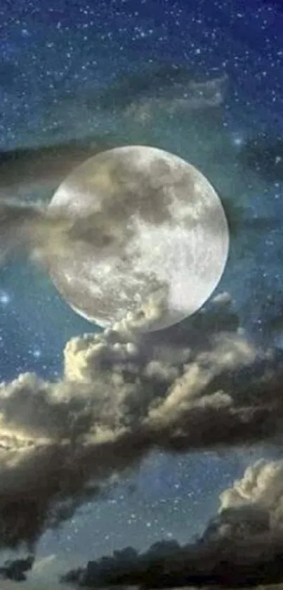 Moonlit sky with clouds and stars wallpaper.