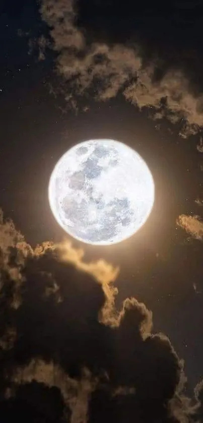 Bright full moon surrounded by dark clouds in a night sky.