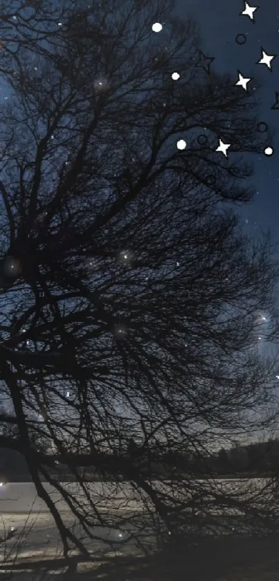 Moonlit sky with silhouetted tree and stars in night scenery.