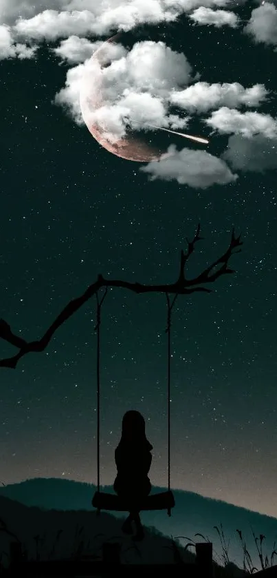 Dark teal night sky with moon and silhouette swing.