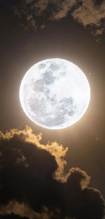 Moonlit night sky with clouds and full moon shining brightly.