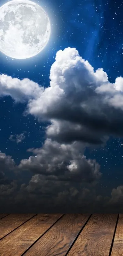 Moonlit sky with clouds and stars over wooden floor.